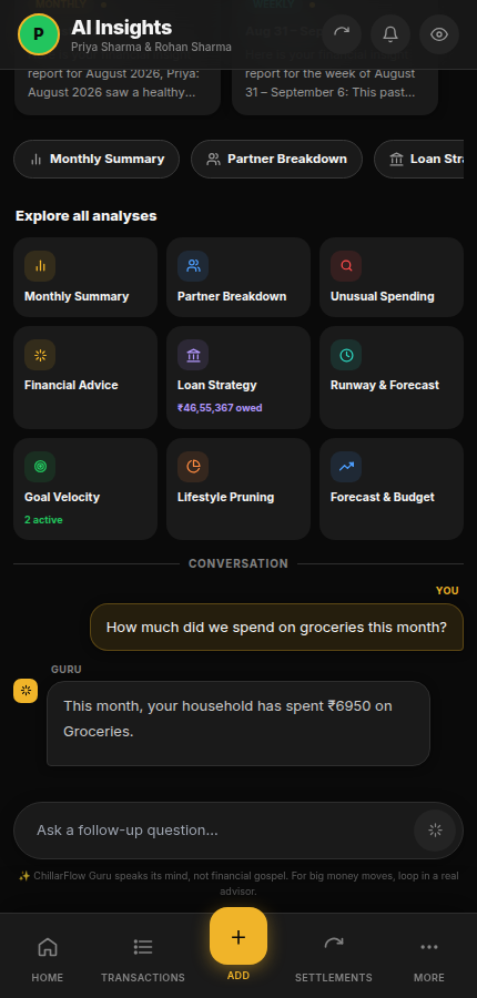 A real conversation with ChillarFlow Guru: 'How much did we spend on groceries this month?' answered with 'This month, your household has spent ₹6950 on Groceries.'