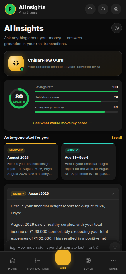 ChillarFlow's AI Insights screen, showing a Financial Health Score breakdown and a real auto-generated monthly report referencing actual income and expense figures