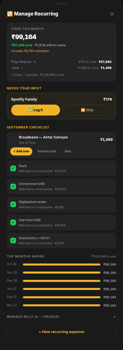 The Manage Recurring screen: a Spotify subscription waiting for Log it or Skip, a Broadband bill due later this month, four bills already matched to real transactions and struck through, and a six-month forecast of committed spending